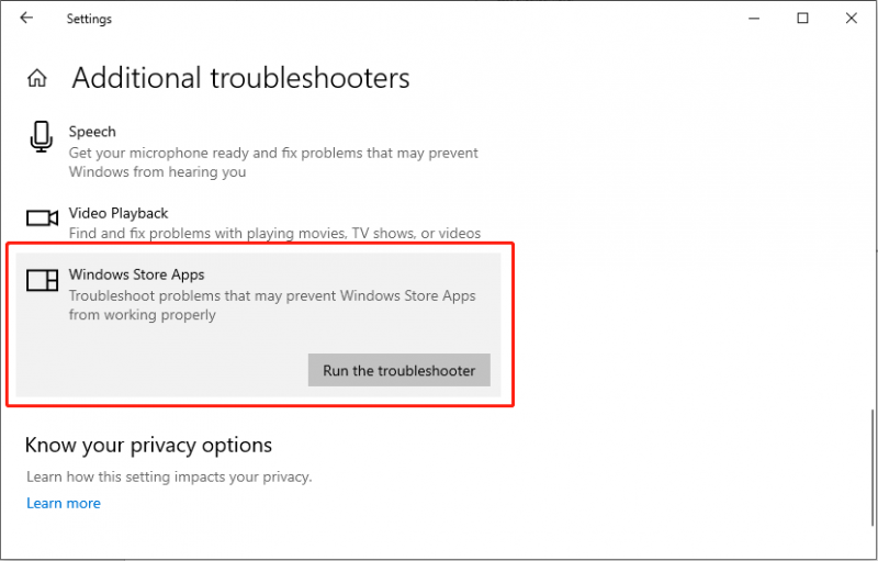   noklikšķiniet uz Palaist problēmu risinātāju sadaļā Windows Store Apps