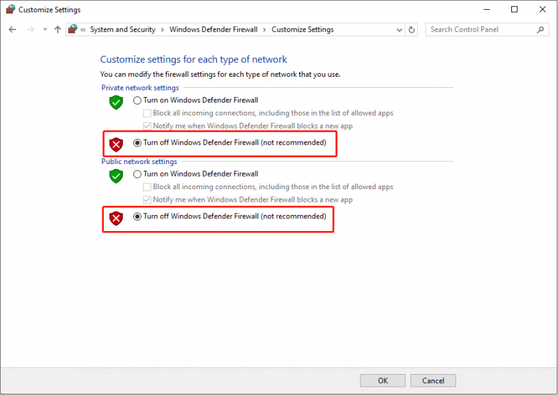   απενεργοποιήστε το τείχος προστασίας του Windows Defender μέσω του Πίνακα Ελέγχου