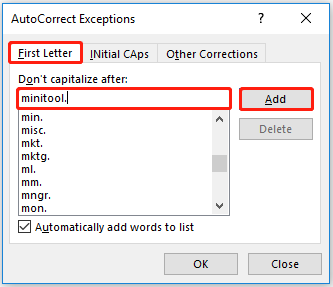 cliquez sur le bouton pour ajouter des exceptions de correction automatique