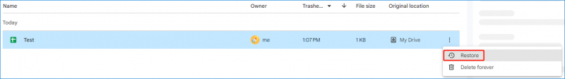   Klicken Sie auf „Wiederherstellen“, um ein gelöschtes Google Sheet wiederherzustellen