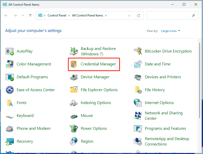   otvorte ovládací panel Správca poverení systému Windows 11