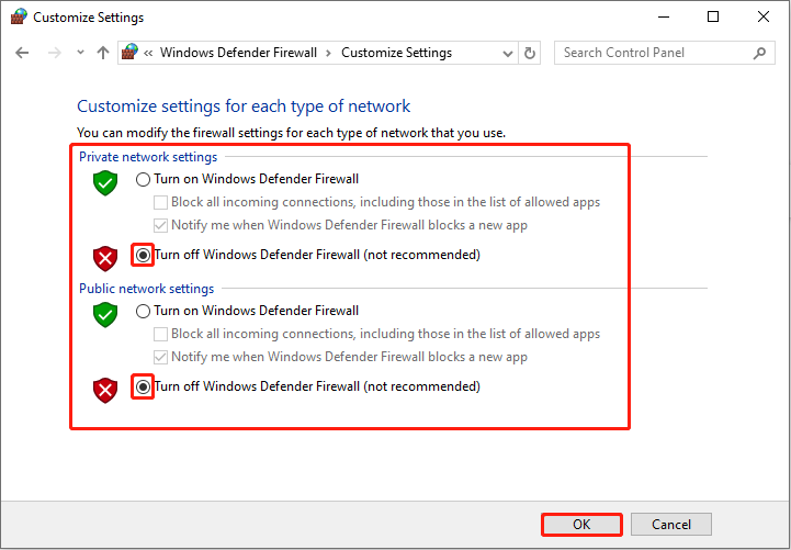   disattivare il firewall