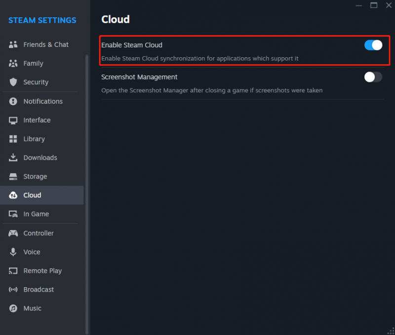   Aktivieren Sie Steam Cloud