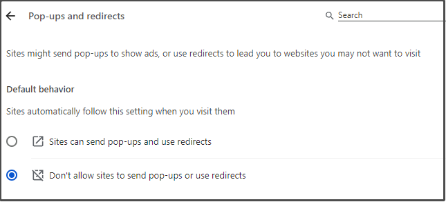   tick No permitir que los sitios envíen ventanas emergentes ni utilicen redireccionamientos