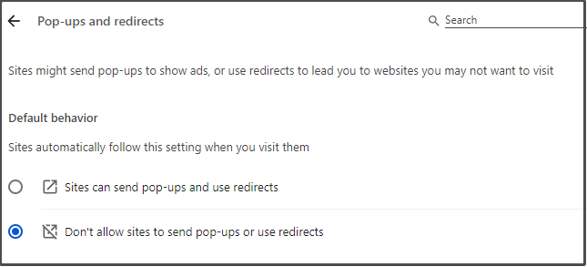   Aktivieren Sie „Websites nicht erlauben, Pop-ups zu senden oder Weiterleitungen zu verwenden“.