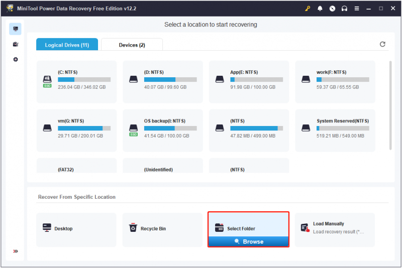   seleccioneu una carpeta per escanejar a MiniTool Power Data Recovery