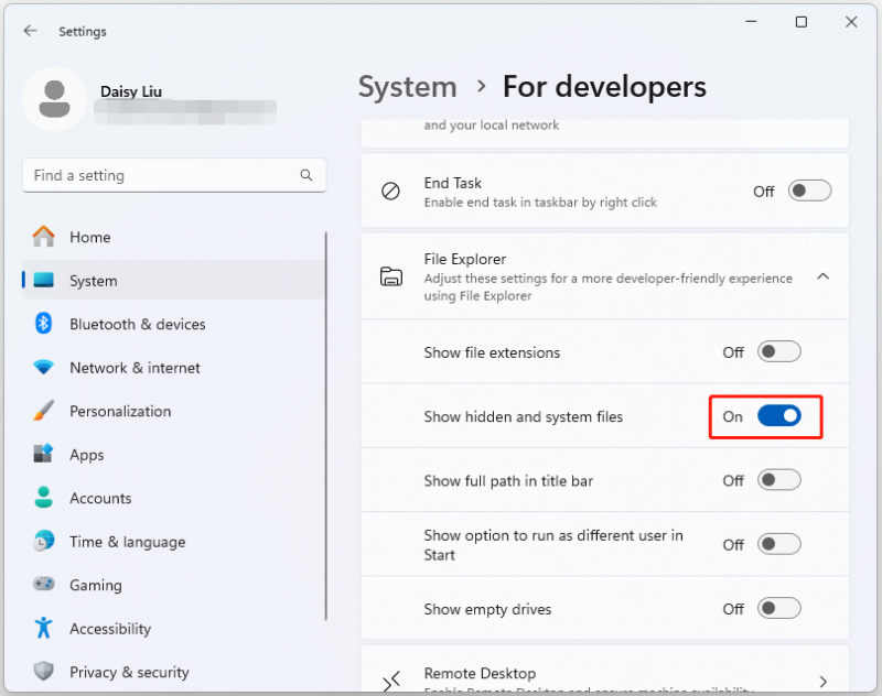   隠しファイルとシステムファイルを表示するオプションをオンにします