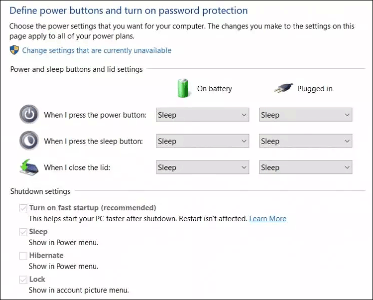 Correções fáceis: opções de energia do Windows acinzentadas