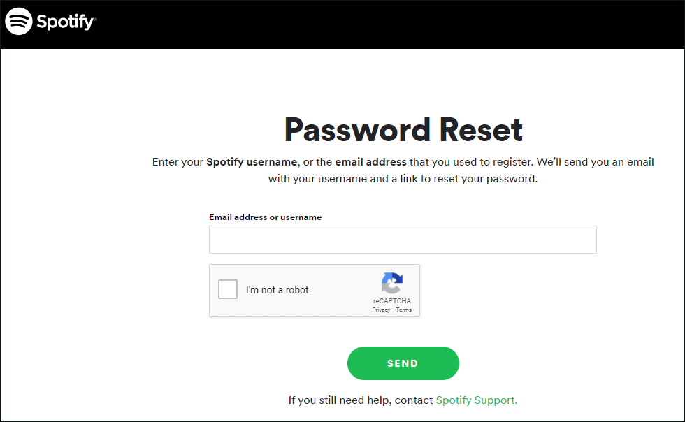 Réinitialisation du mot de passe Spotify