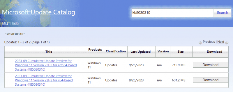   télécharger KB5030310 dans le catalogue Microsoft Update