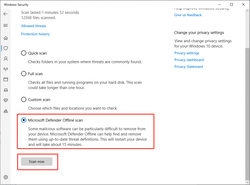   choisissez Analyse hors ligne de Microsoft Defender et cliquez sur Analyser maintenant