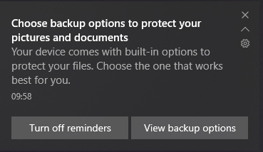   Notificação de backup do Windows 10