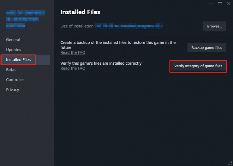   pindutin ang opsyon na I-verify ang integridad ng mga file ng laro sa tab na Mga Naka-install na File ng mga katangian ng laro ng Steam