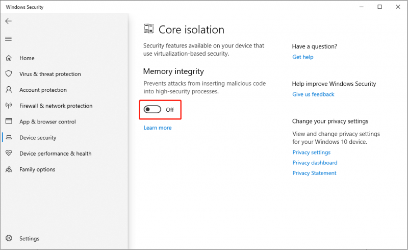   desligue a integridade da memória por meio da segurança do Windows