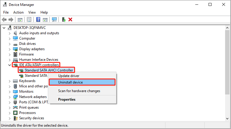   desinstalar o dispositivo controlador SATA AHCI padrão no Gerenciador de dispositivos