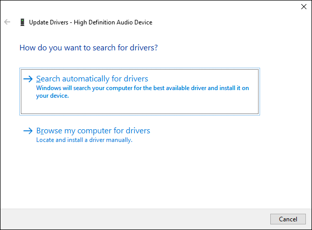   escolha Pesquisar drivers automaticamente para atualizar seu driver de áudio