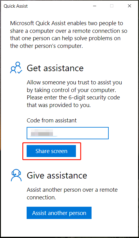 kód z asistence v Quick Assist