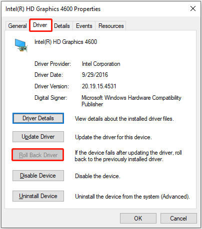   reverter o driver da placa de vídeo Intel na janela de propriedades do dispositivo