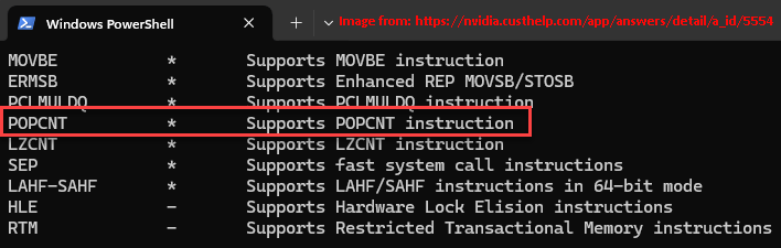   A Coreinfo ellenőrizze, hogy a CPU támogatja-e a POPCNT-t