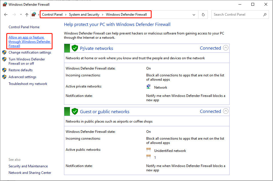 اختر السماح لتطبيق أو ميزة من خلال جدار حماية Windows Defender