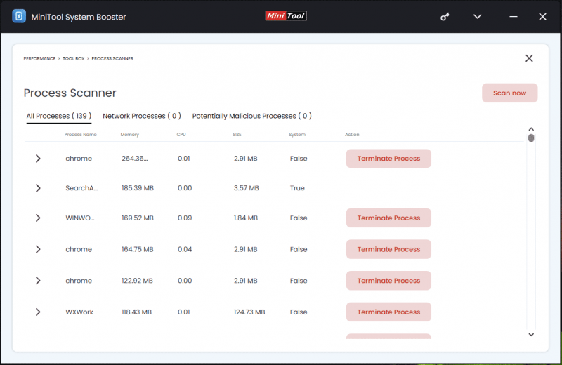   MiniTool System Booster Process Scanner lopettaa taustaprosessit