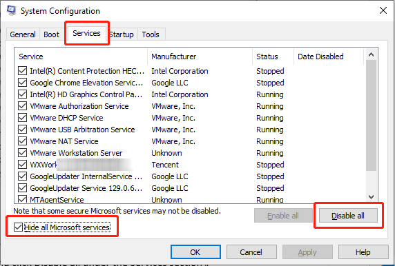   모든 Microsoft 서비스 숨기기를 선택하고 서비스 섹션에서 모두 비활성화를 클릭합니다.