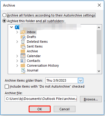   archivovat složky Outlooku