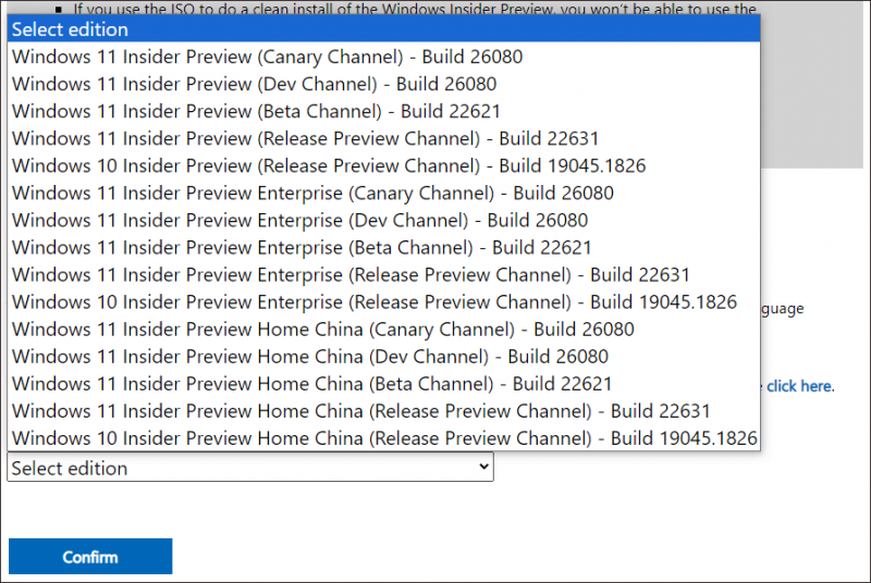   selecione uma versão do Windows 11 Insider Preview para baixar