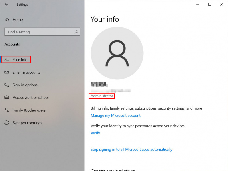   kontrollige, kas olete Windows 10 seadetes administraator
