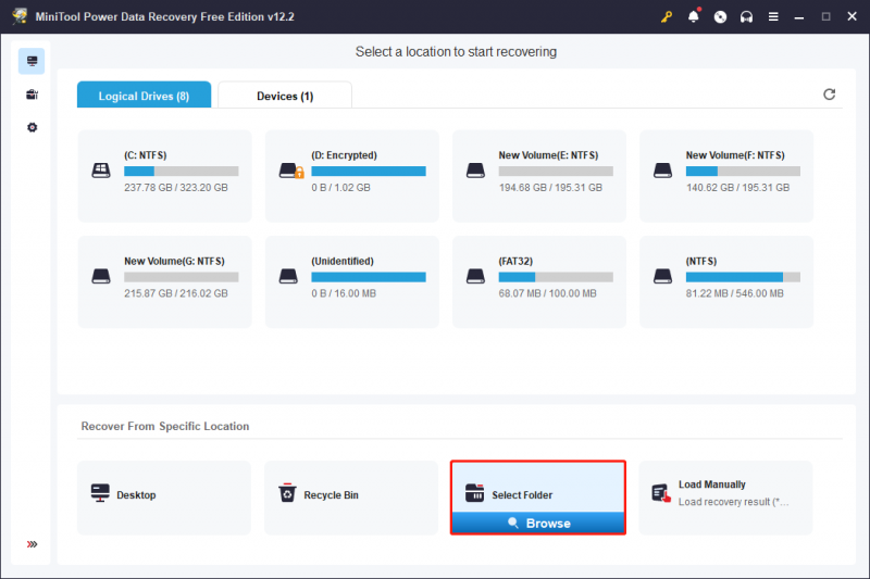   escolha Selecionar pasta para digitalizar e clique em Navegar via MiniTool Power Data Recovery