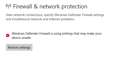 Το τείχος προστασίας των Windows χρησιμοποιεί ρυθμίσεις που καθιστούν τη συσκευή μη ασφαλή