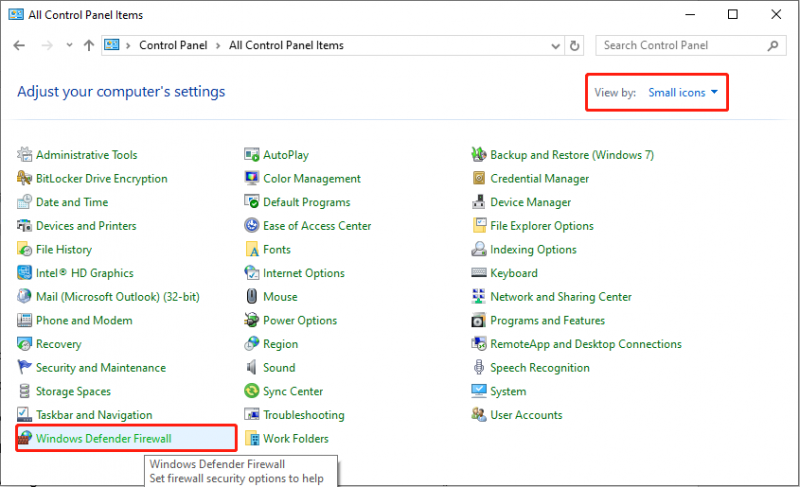   Piliin ang Windows Defender Firewall