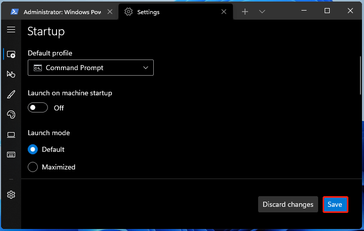 nastavit výchozí příkazový řádek v terminálu Windows
