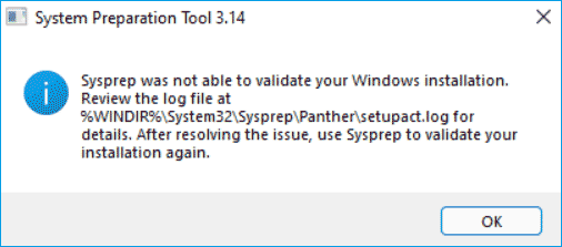   Sysprep nebyl schopen ověřit instalaci systému Windows