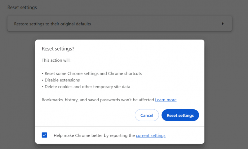   i-reset ang Google Chrome sa mga factory setting