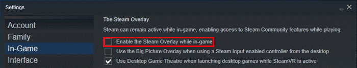   deseleziona Abilita l'overlay di Steam durante il gioco