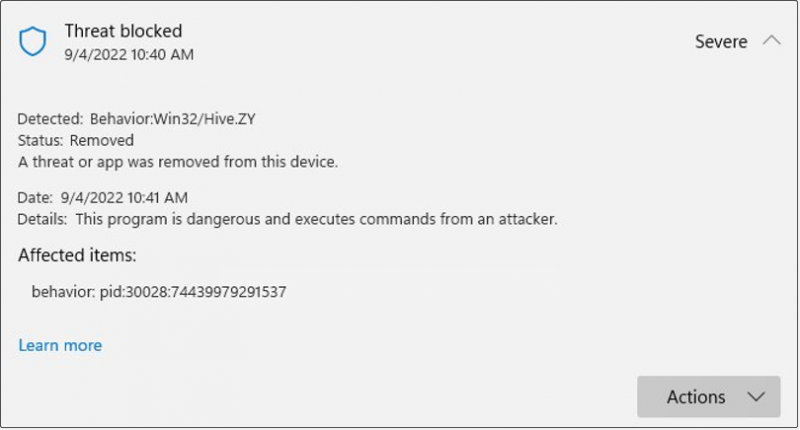 Com arreglar el comportament de mostra de Windows Defender: Win32 Hive.ZY