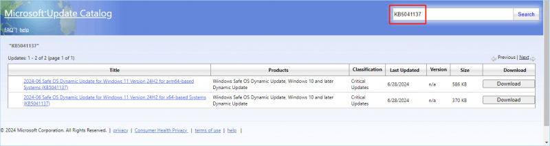   scaricare KB5041137 dal catalogo di Microsoft Update