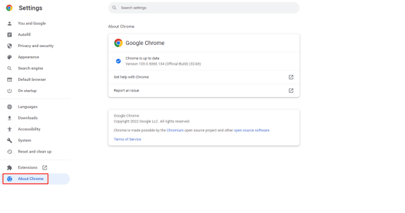   klikněte na O prohlížeči Chrome