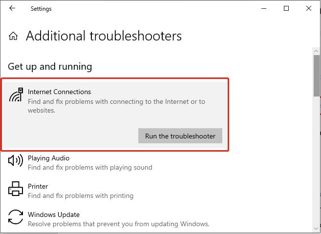   piliin ang Patakbuhin ang mga troubleshooter