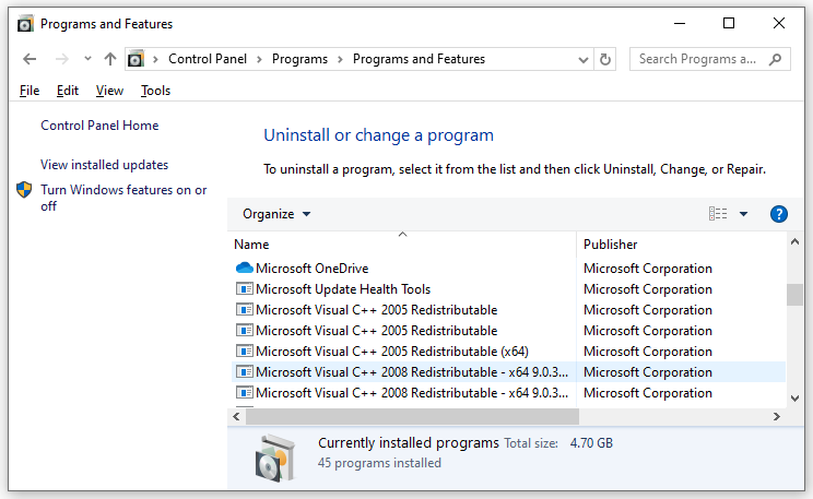   aktuálně nainstalované verze Microsoft Visual C++