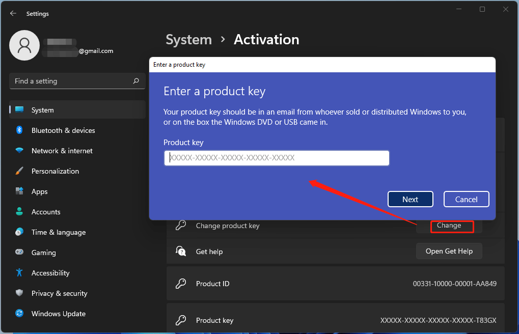 activați Windows 11 cu o cheie de produs