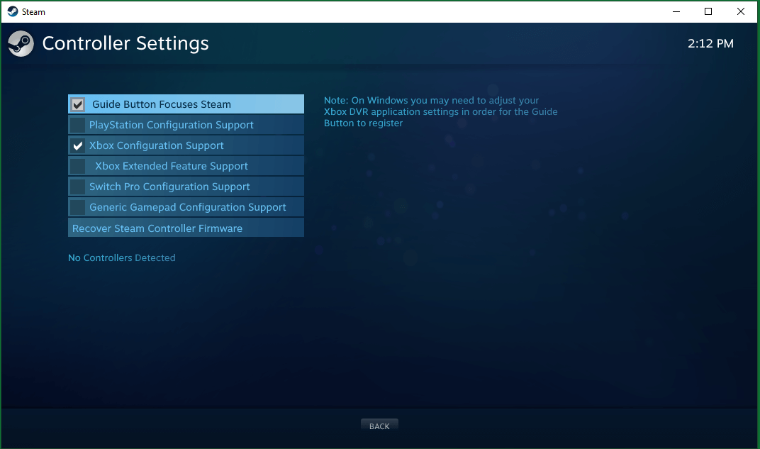 paramètres du contrôleur dans Steam