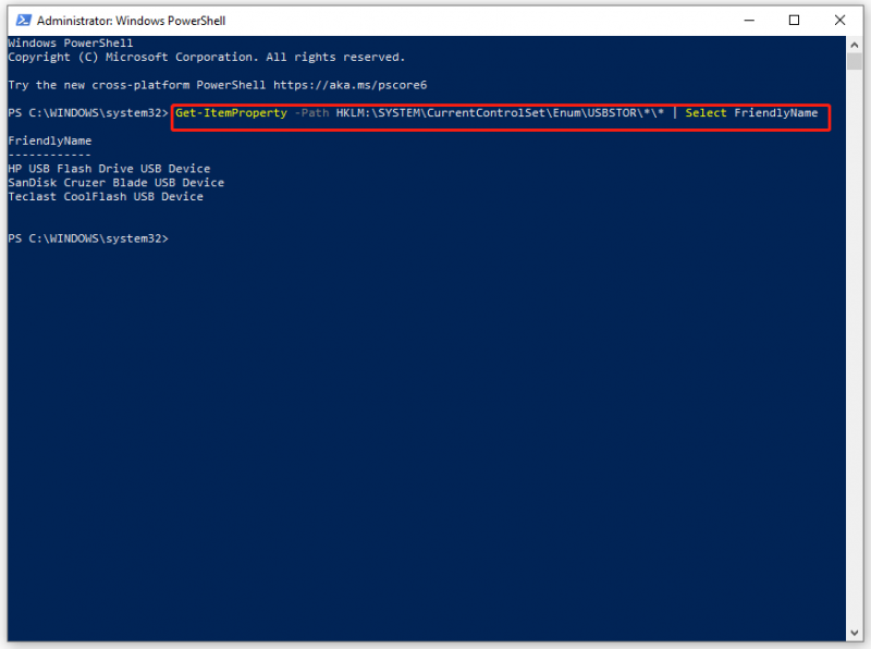   patikrinkite USB istoriją naudodami „Windows PowerShell“.