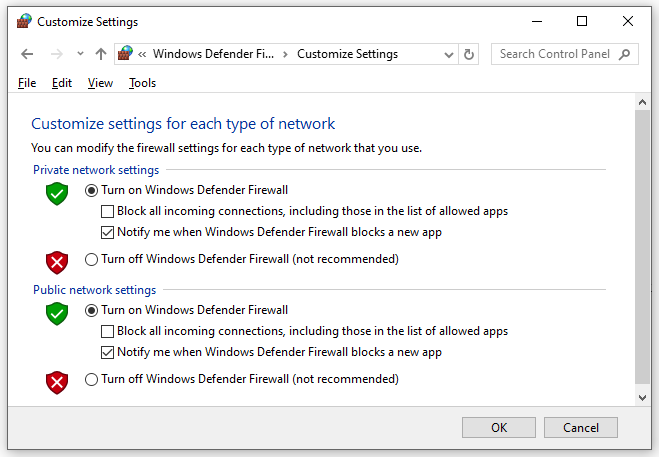   Slå Windows Defender Firewall til