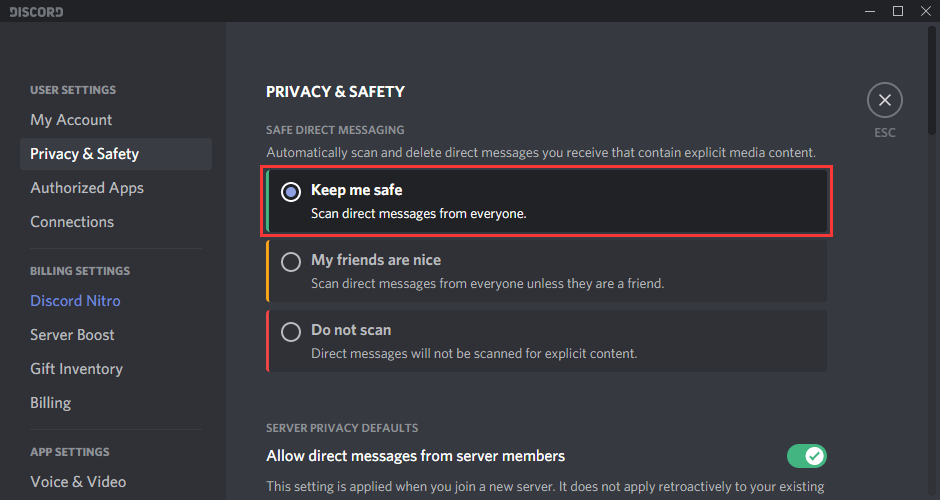 Discord Safe Direct Message-Einstellungen