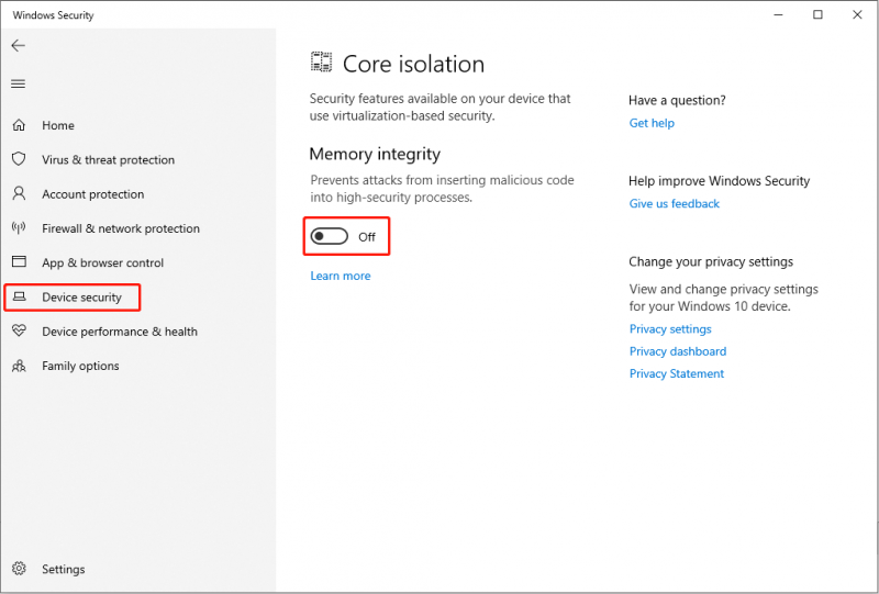   stäng av Core Isolation i Windows-inställningarna