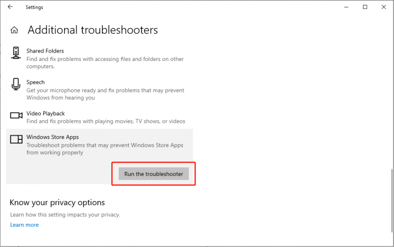   i-click ang Windows Store Apps at piliin ang Patakbuhin ang troubleshooter