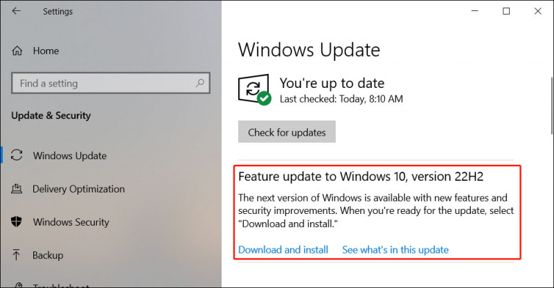   asenna Windows 10 22H2 Windows Updatessa