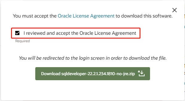  ελέγξτε ότι εξέτασα και αποδέχομαι την άδεια χρήσης Oracle